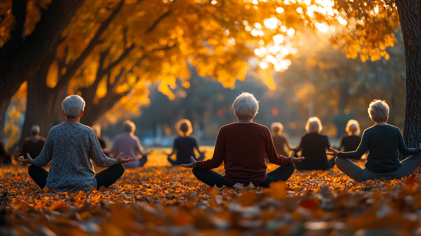 Група възрастни хора практикуват йога на открито